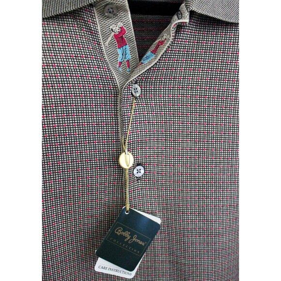 NEW Bobby Jones Collection Golf Shirt XL Tan Red & Black Geometric MADE IN ITALY - Picture 3 of 3